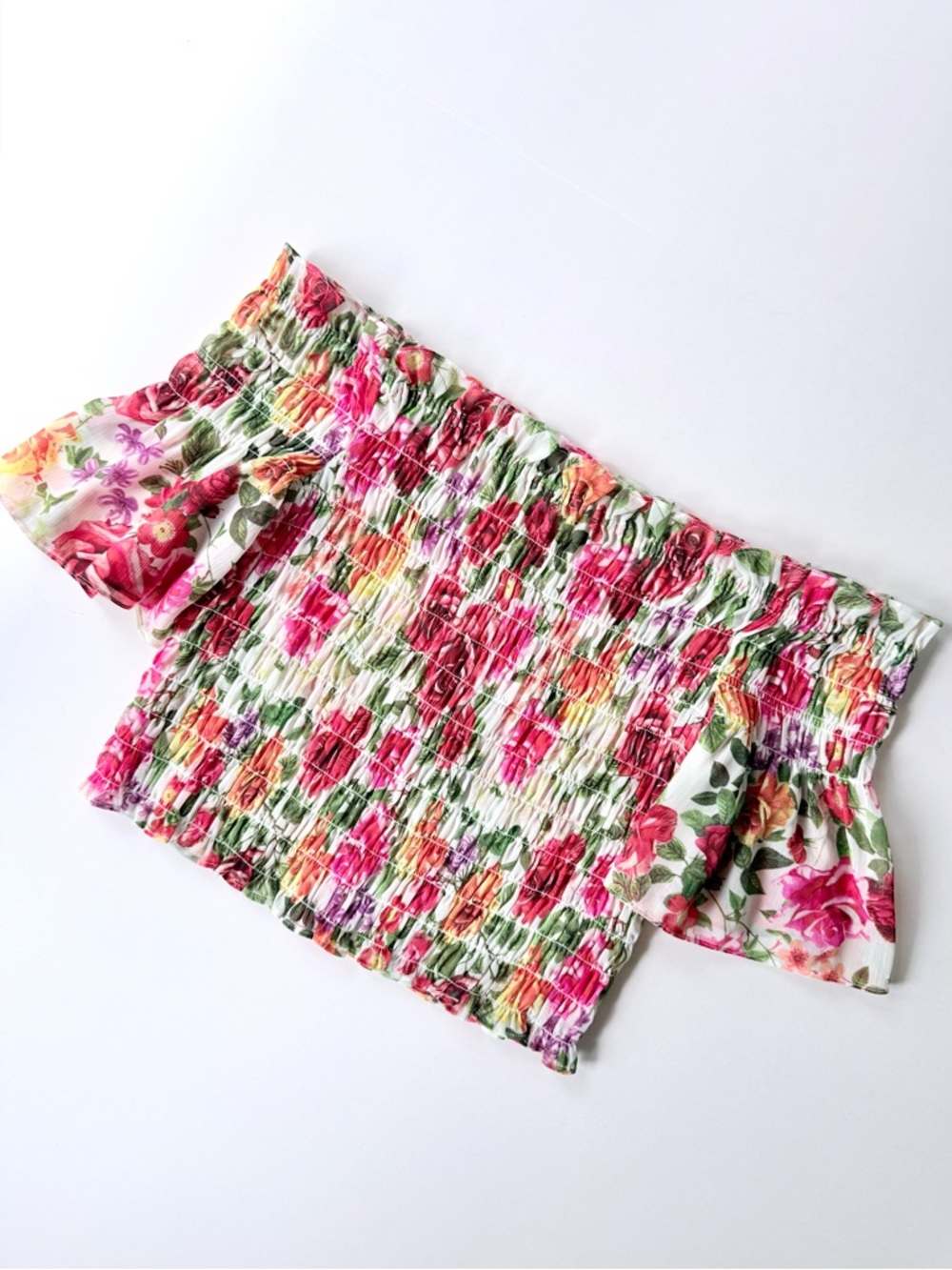 L’Agence Bexley Off Shoulder Smocked Top in White Multi Garden Floral S $260 - Picture 7 of 15